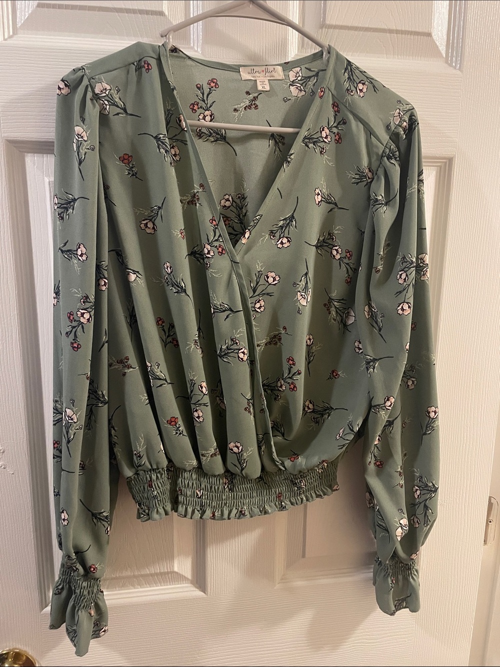 Ultra Flirt XL Light Sage Green Floral Faux-Wrap Blouse